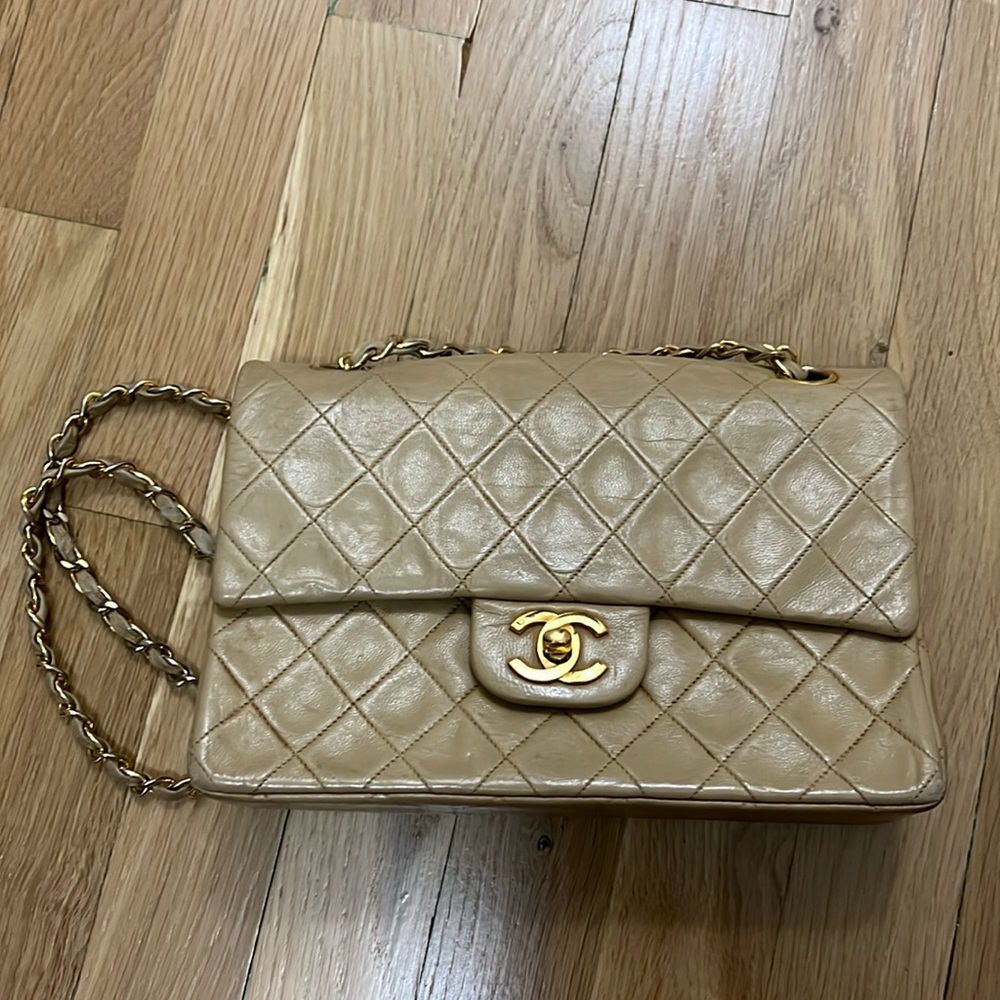 Vintage Chanel Double Flap Lambskin, Small, Tan, Gold Hardware